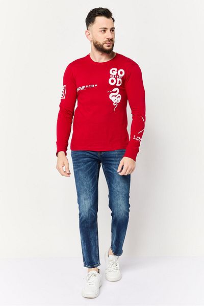 Brooklyn Men Crew Neck Long Sleeve Graphic Print T-shirt, Red