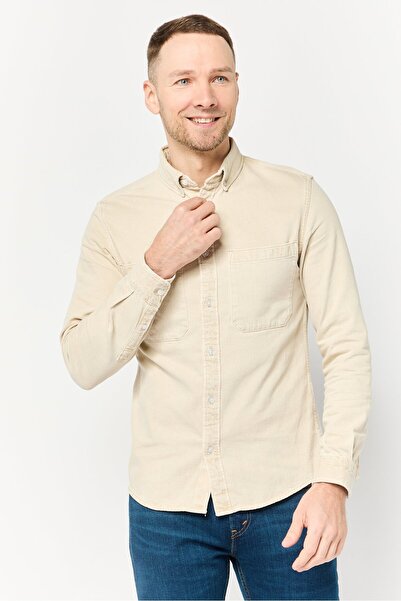 CELIO Men Regular Fit Solid Long Sleeves Denim Shirt, Beige