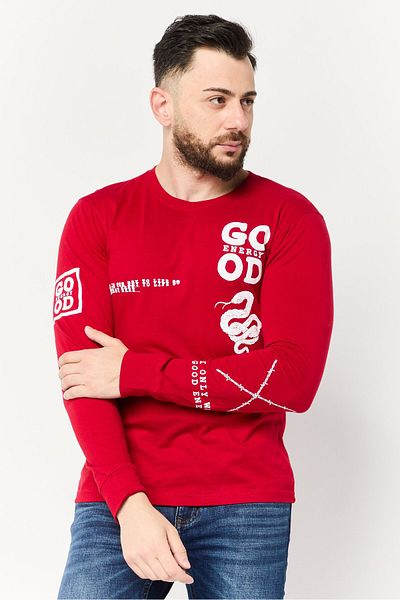 Brooklyn Men Crew Neck Long Sleeve Graphic Print T-shirt, Red