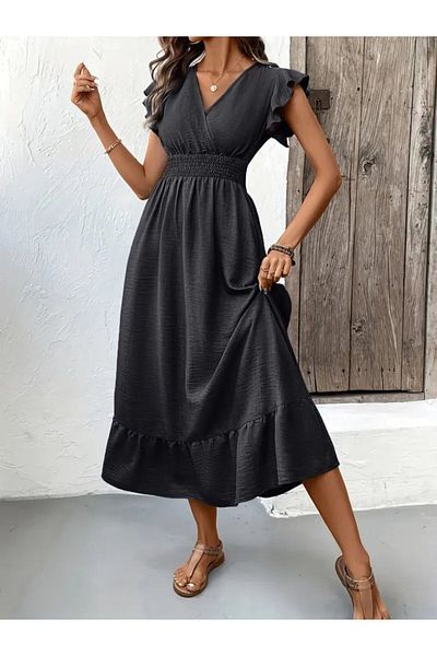 COTTONLAB Women's Short Butterfly Sleeve Double Breasted Collar Aerobin Dress with Elastic Waist