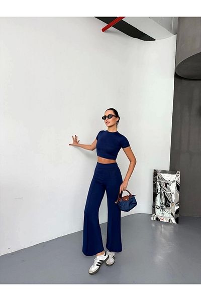 nedo7 Osy Modal Soft Textured Fabric Short Sleeve Crop Bottom Flared Leg Trousers Double Set - Navy Blue