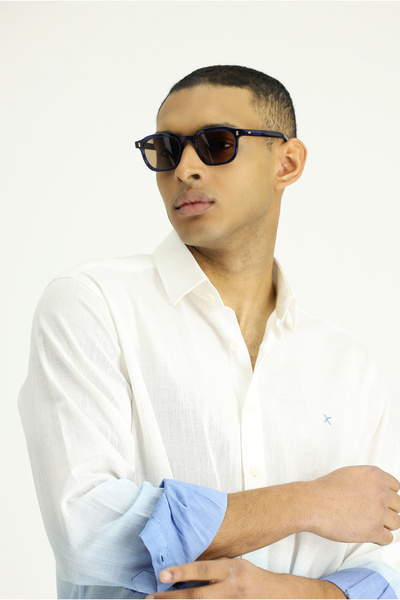 Kiğılı Uzun Kol Regular Fit Spor Desenli Düğmeli Yaka Keten Görünümlü Pamuk Gömlek