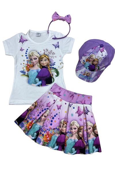 DerinHome Frozen Elsa Anna Character Printed 4-Piece Suit Hat Crown T-Shirt Skirt New Season