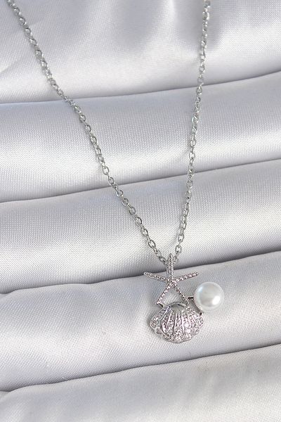 Skygo 316L Steel Silver Color Chain Zircon Stone Sea Shell Model Pearl Detail Women's Necklace - Tj-Bko10044