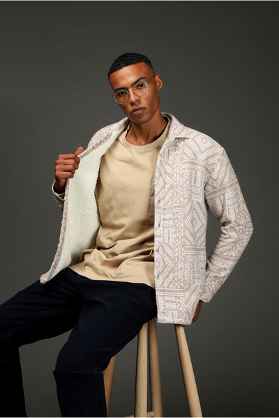 Kiğılı Uzun Kol Oversize Desenli Kürklü Pamuklu Gömlek / Mont