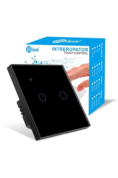 iUni Întrerupător tactil inteligent, Wifi, sticlă securizată, 2g, 10a, control vocal, Smart Life / Tuya, LED, negru