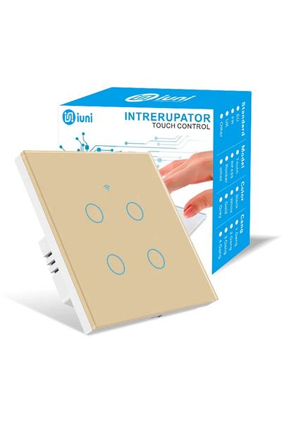 iUni Smart touch switch, WiFi, Tempered glass, iUni 4G, 10A, Voice control, Smart Life / Tuya, LED, Gold
