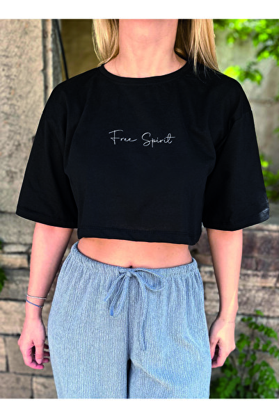 ClubSpaceAstro Kadın Oversize Crop Tişört – FREE SPIRIT Baskılı |Terletmeyen ...