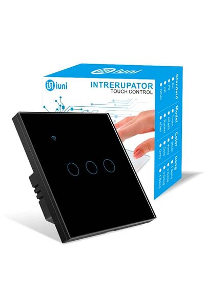 iUni Smart touch switch, WiFi, Tempered glass, iUni 3G, 10A, Voice control, Smart Life / Tuya, LED, Black
