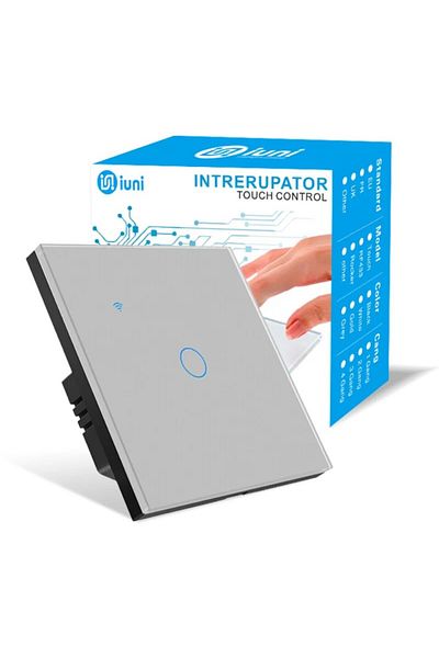iUni Smart touch switch, WiFi, Tempered glass, iUni 1G, 10A, Voice control, Smart Life/Tuya, LED, Silver