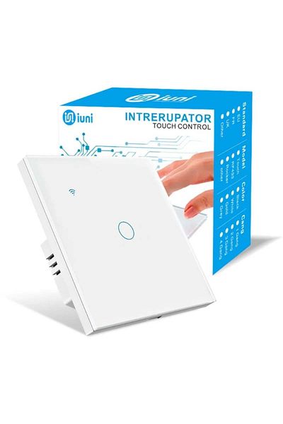 iUni Întrerupător tactil inteligent, WiFi, Sticlă securizată, iUni 1G, 10A, Control vocal, Smart Life / Tuya, LED