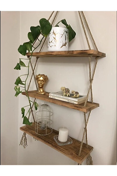 sgeteknoloji Ahşap Dekoratif Tasarım 3'lü Halatlı Raf Hazır Kurulu (39CM*9CM)