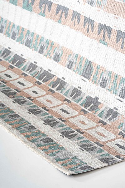 Serente Home İskandinav Çizgi Desenli Yıkanabilir Kaymaz Taban Şönil Krem Turuncu Salon Halısı 4164