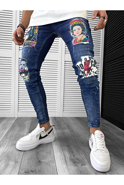 dehaine Blugi barbati slim fit, cu petice, 1446, albastru