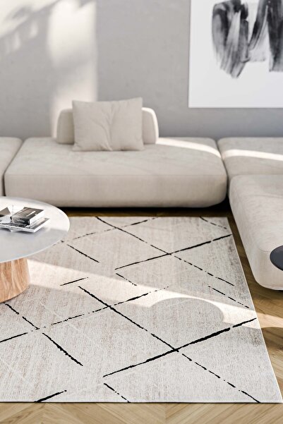 Serente Home Geometric Patterned Washable Non-Slip Base Chenille Carpet Beige Black Runner 4171