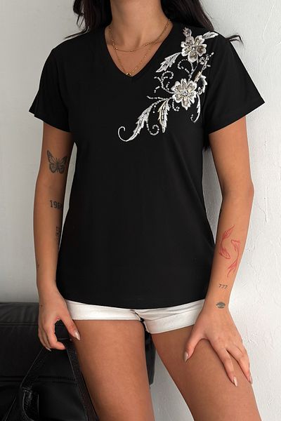 FEMELLE Tricou negru pentru femei, cu decolteu în V, cu paiete și broderie, brodat, 100% bumbac