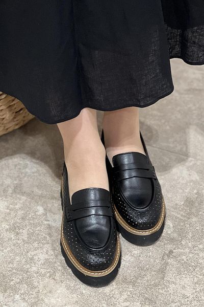 Majensia Laser Cut Perforated Genuine Leather Loafer Shoes