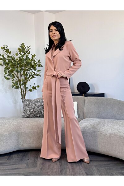 RAMONA BADESCU EXCLUSIVE Set Elegant cu Rever și Pantalon Larg Roz Nude