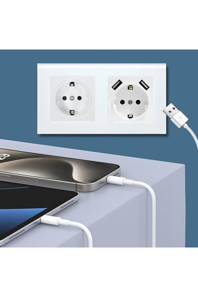 iUni Dvojitá zásuvka s rámečkem z tvrzeného skla, 2 porty USB-A, US2, 16A