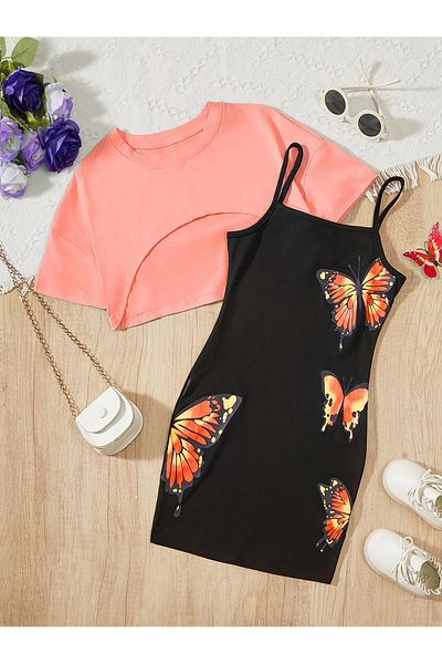 DLRboutique Children's Teddy Bear Print Dress Crop Sweat Combination