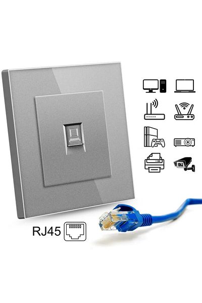 iUni RJ45 internet socket, Cat6, Tempered glass frame, iUni SD, Silver