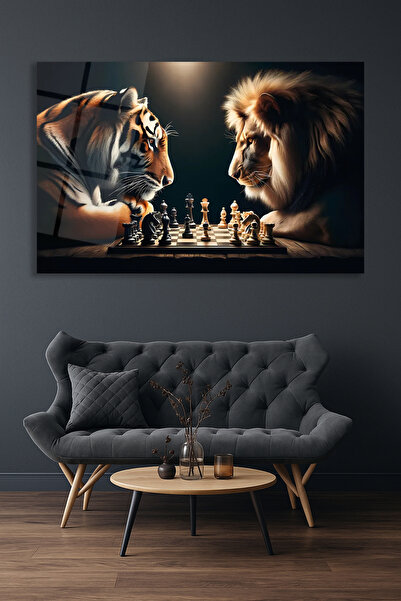 duvarsanatı Γυάλινη ζωγραφική Lion and Tiger Chess Μοντέρνο σαλόνι γραφείου σπιτιού Δώρο Μεγάλη ζωγραφική διακόσμηση τοίχου