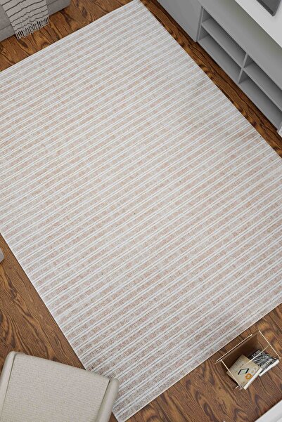 Serente Home Abstract Line Patterned Washable Non-Slip Base Chenille Carpet Beige White Runner 4162