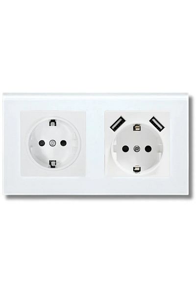 iUni Double socket with tempered glass frame, 2 USB-A ports, iUni US2, 16A