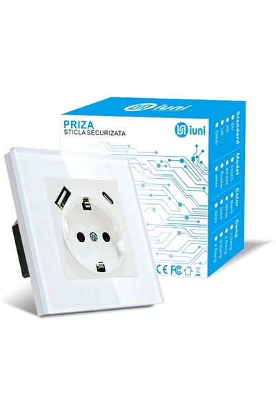 iUni Tempered glass frame socket, USB-A and USB-C ports, iUni UC1, 16A