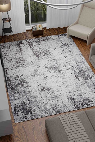 Serente Home Modern Patterned Washable Non-Slip Base Chenille Gray Black Living Room Carpet 4138