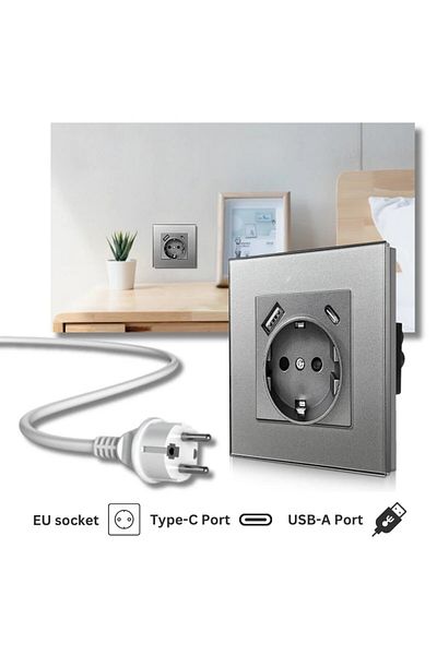 iUni Tempered glass frame socket, USB-A and USB-C ports, iUni UC1, 16A, Silver
