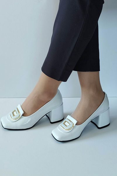 ERS Air Comfort Women's White Patent Leather Genuine Leather Classic Heeled Shoes Blunt Toe Buckle Detailed