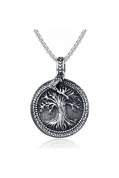 Viking Tree of Life Dragon Viking Compass Runic Alphabet Double Faced Locket 316L Steel Necklace