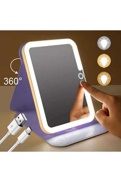 ABYZ LED Makeup Mirror, Portable and Foldable Stand, dimensions 20X14cm Purple