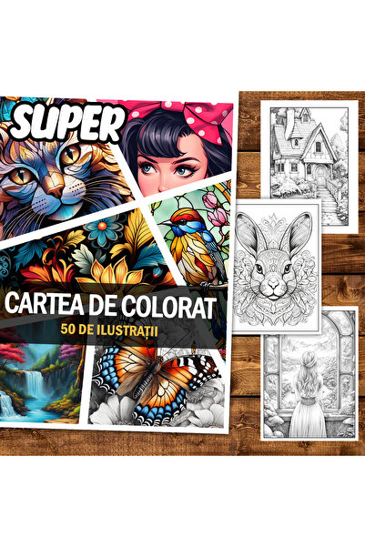 Legendary Gifts Super carte de colorat, format A4, antistres, un mix de 50 de ilustrații