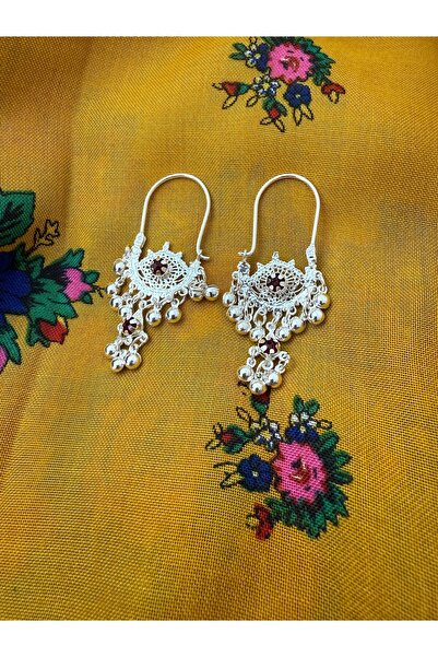 Midyat Artuklu Gümüşçülük Yakut Taşlı Deri Modeli Yöresel Gümüş Küpe