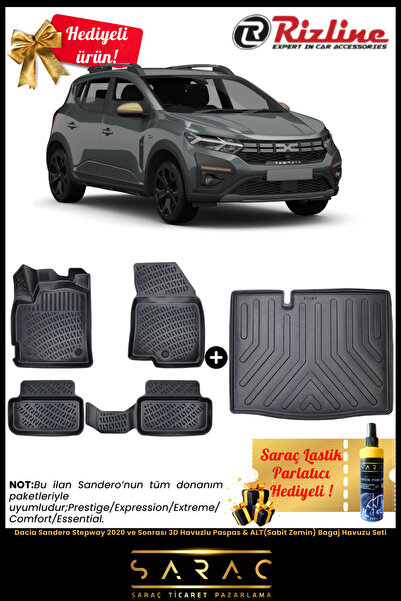 Rizline Dacia Sandero Stepway 2020 ve Sonrası Havuzlu Paspas & ALT(Sabit Zemin) Bagaj Havuzu Seti+HEDİYELİ!