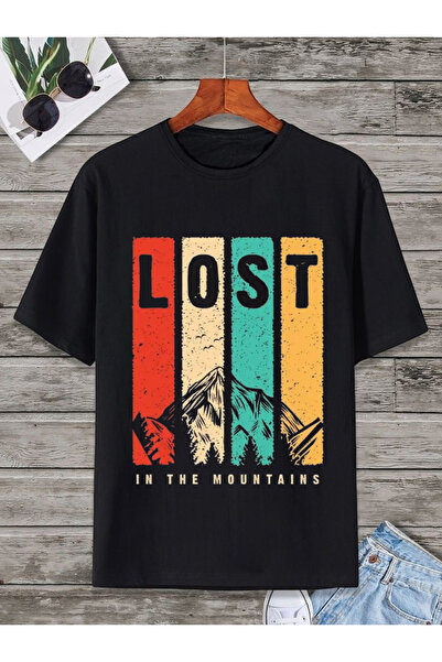 ELNOYA Cotton Black Oversize T-Shirt "Lost in the Mountains" Printed Comforta...
