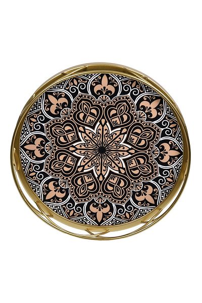 ABYZ Round Metal Serving Tray Gold Brown Nude Mandala Pattern Ø32cm