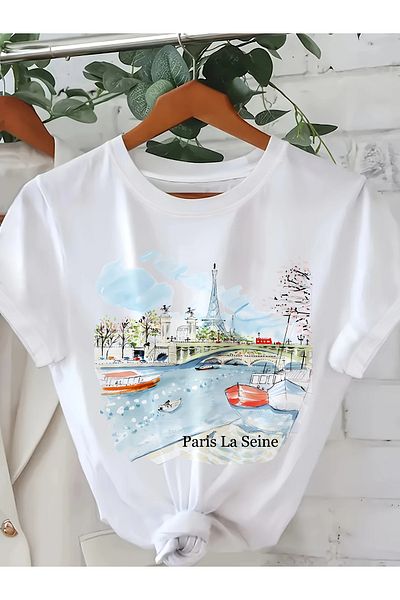 Pink Sky Cotton Oversize "Paris La Seine" Short Sleeve Crew Neck Comfortable Casual T-Shirt