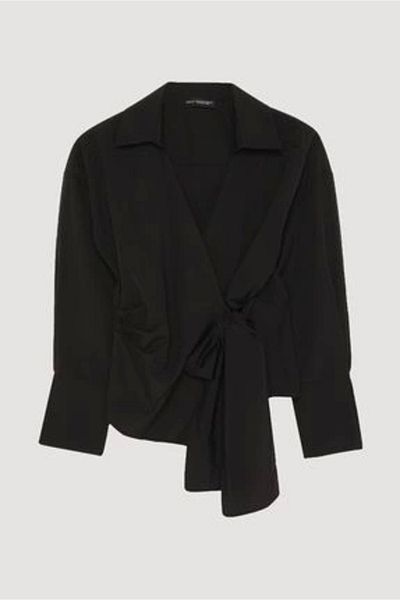 Myra Double Breasted Blouse Shirt with Binding Detail-Black