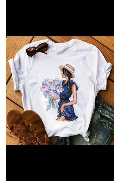Pink Sky Cotton Oversize Floral Women's Short Sleeve Crew Neck Casual Casual T-Shirt