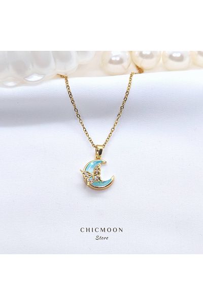 CHICMOON STORE Steel Gold Color Blue Moon Necklace with Butterfly Detail
