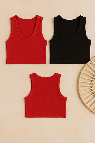 Imoda Kadın Siyah ve Kırmızı 2'li Paket Derin Göğüs Dekolteli Şık Crop Top Bluz