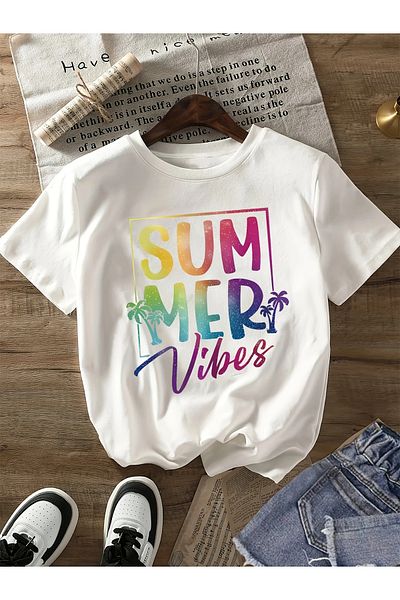 Pink Sky Cotton Oversize "Summer Vibes" Short Sleeve Crew Neck Comfortable Casual T-Shirt