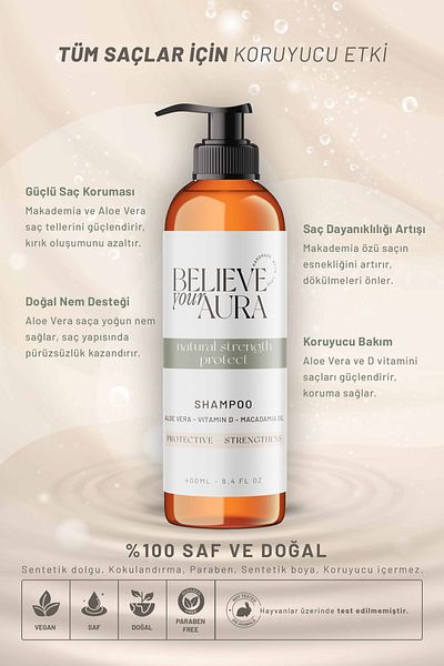Believe Your Aura Macadamia Oil Shampoo - Protective Strengthening Revitalizing Natural Hair Care Shampoo - 400 ml