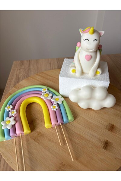 Maket Atelier Doğum Günü Unicorn Ve Gökkuşağı Temalı El Yapımı Pasta Süsü – Renkli Şeker Hamuru Seti