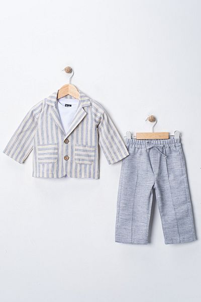VOY KİDS Baby Boy Striped Holiday 6-9-12-18-24 Months 3 Pieces Summer Stylish Suit with Thin Muslin Jacket