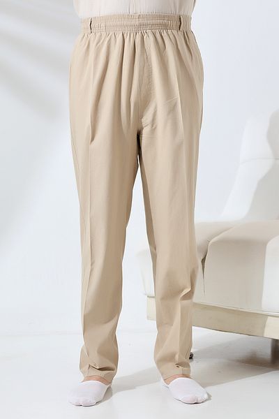 semazen Men's Beige Relaxed Cut Elastic Waist Linen Hajj and Umrah Shalwar Trousers