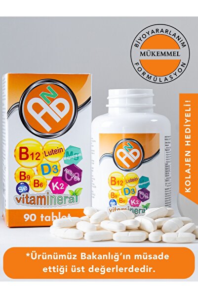 AND -Vitamin D3 K2 B12 B9 B6 Magnezyum Kompleks, Kalsiyum, Lutein ve Selenyum İçeren Gıda Takviyesi